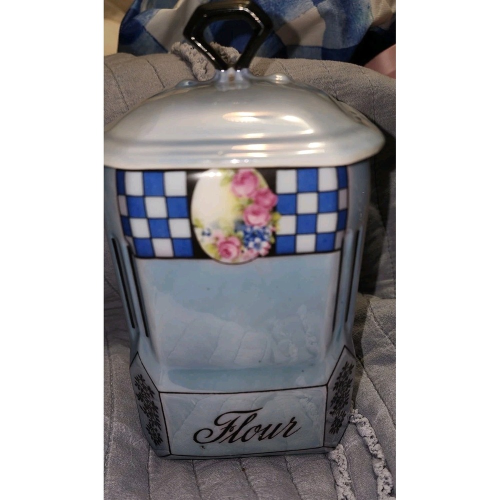Vtg Victoria China Czechoslovakia Blue Lusterware Flour Canister Art Deco Granny